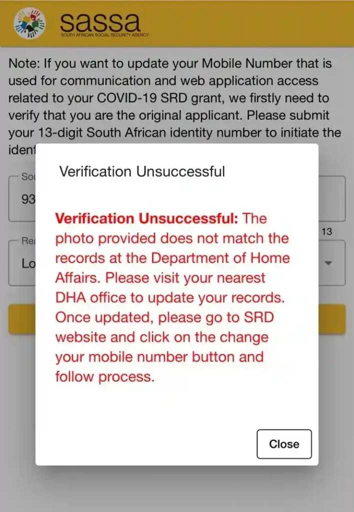SASSA Change Phone Number For SRD Grant 3 Facial recognition unsuccessful